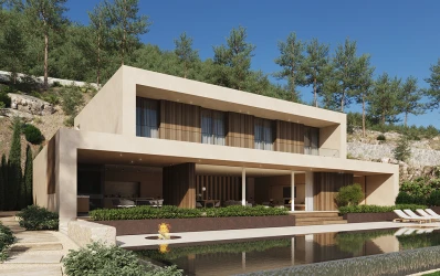 Luxury villa under construction with mountain views